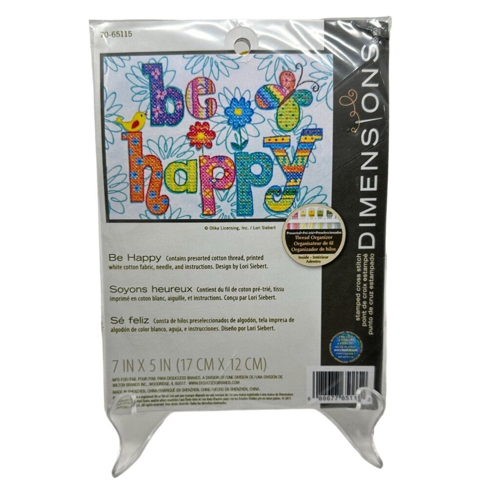 NEW Dimensions 7" x 5" Be Happy Stamped Cross Stitch Kit Craft Needlework